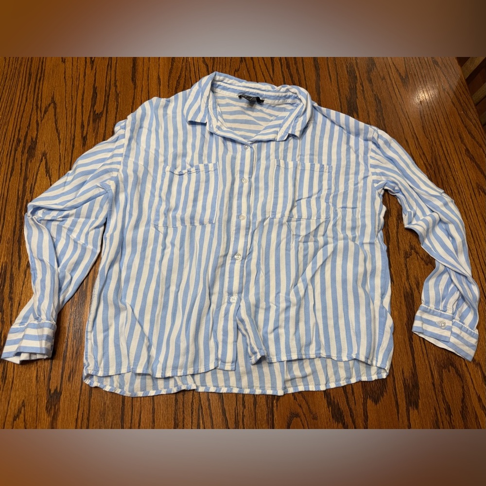 Light Blue and White Striped Button-Up Women's Top